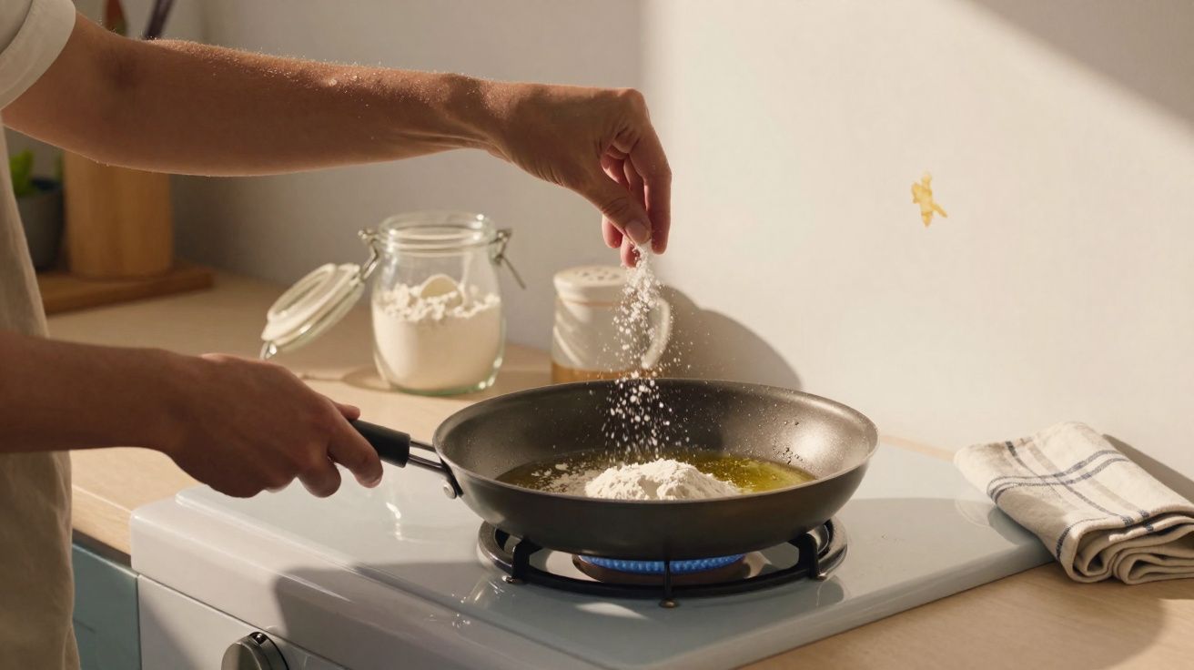 Pessoa a colocar farinha numa frigideira com óleo quente num fogão a gás numa cozinha iluminada.