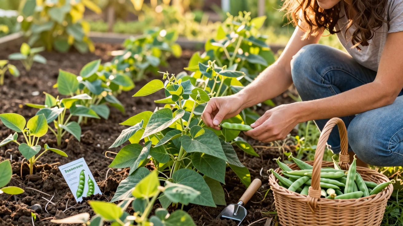 Pessoa a colher feijão verde em horta com cesta de vagem e terra fértil ao sol.