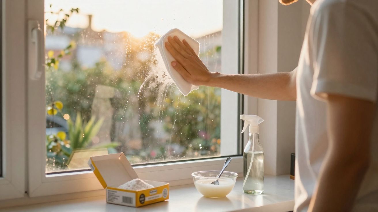 Pessoa a limpar uma janela de vidro com um pano branco ao pôr do sol, com produtos de limpeza na superfície.