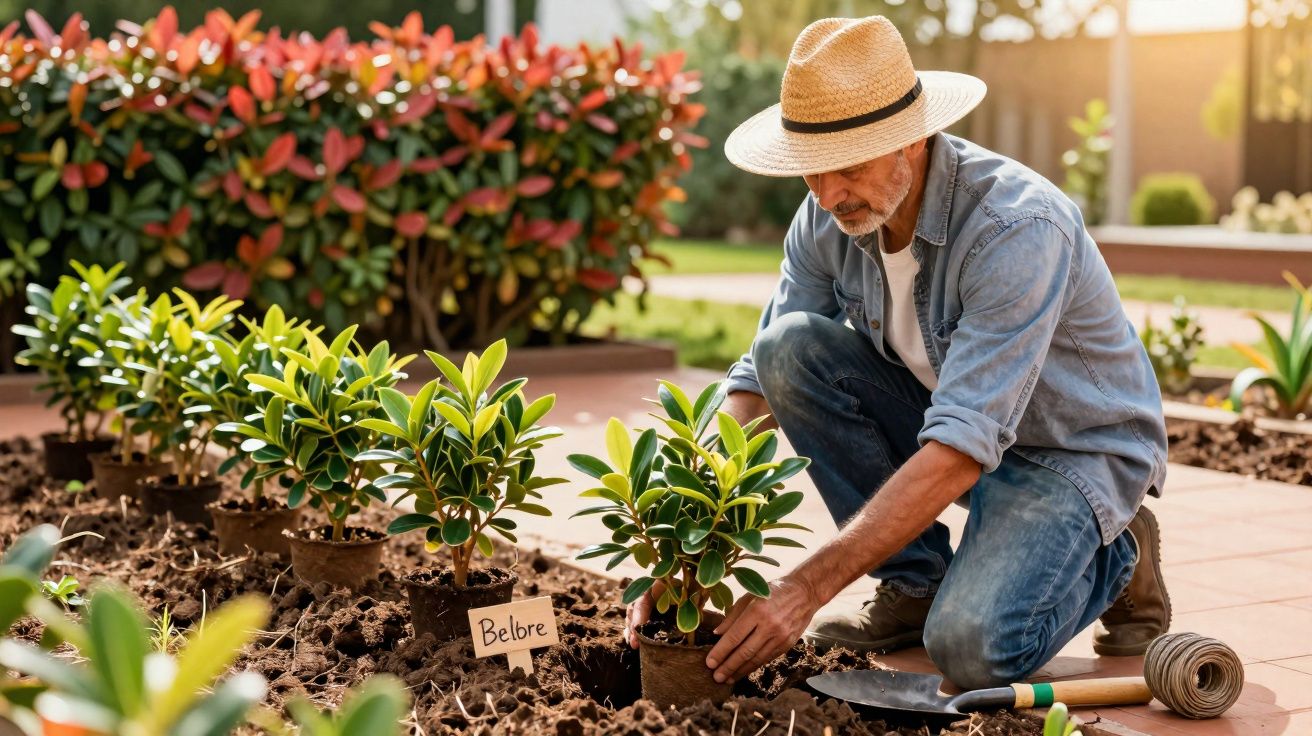 Homem com chapéu de palha a plantar mudas de belbre num jardim ensolarado.