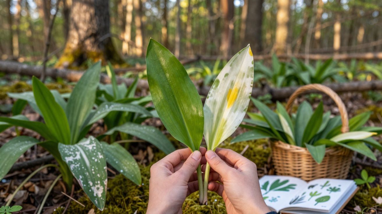 Mãos seguram duas folhas de alho-porro, uma verde e outra com manchas brancas e amarelas, na floresta.