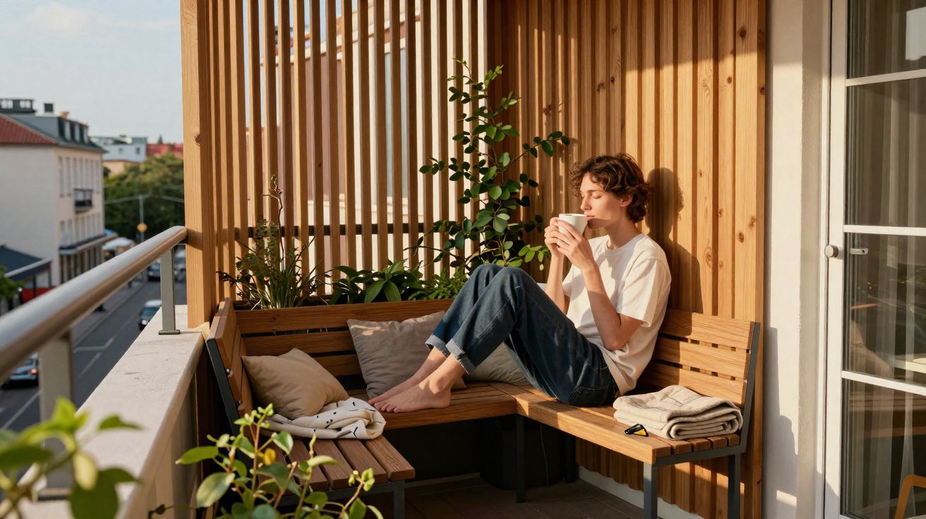 Jovem sentado num banco de madeira na varanda, a beber de uma chávena, rodeado de plantas e almofadas.