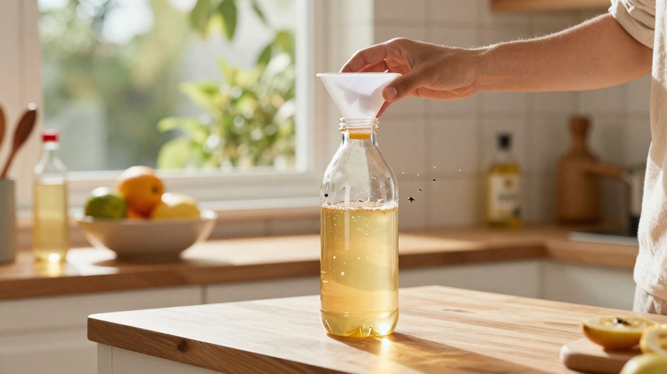 Pessoa a verter líquido amarelo numa garrafa de plástico numa cozinha com luz natural.