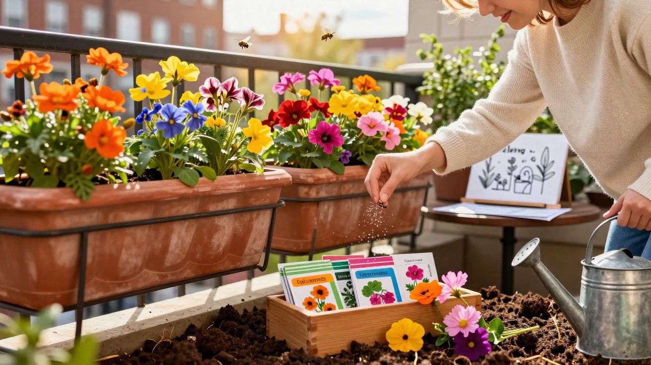 Mulher a semear flores coloridas num jardim urbano com vasos, regador e sementes organizadas.