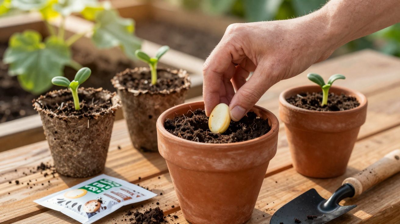 Mão a plantar semente em vaso de barro com pequenos rebentos em vasos ao fundo numa mesa de madeira.