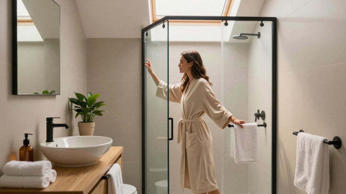 Mulher com roupão a abrir a porta de vidro de uma poliban moderna numa casa de banho iluminada.