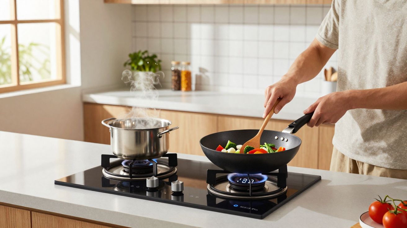 Pessoa a cozinhar legumes numa frigideira num fogão moderno numa cozinha luminosa.