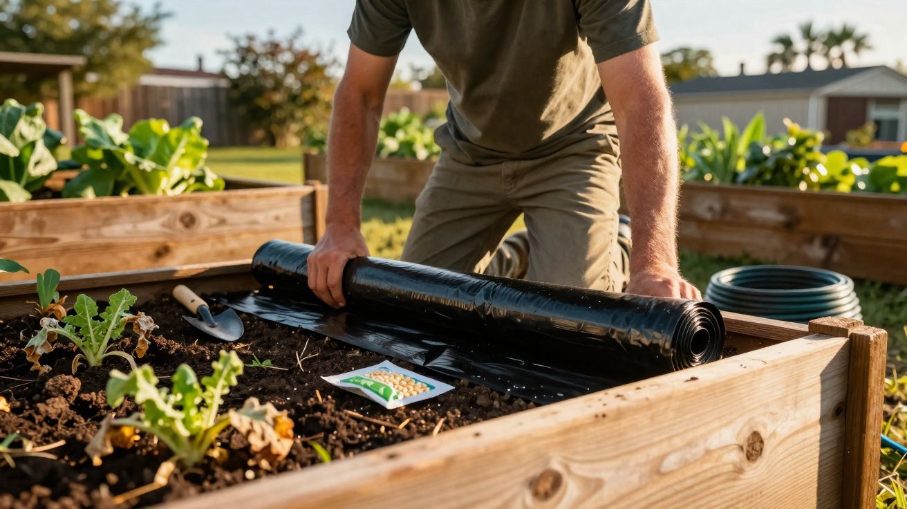 Pessoa a preparar canteiro de madeira para plantação, estendendo plástico preto sobre a terra.