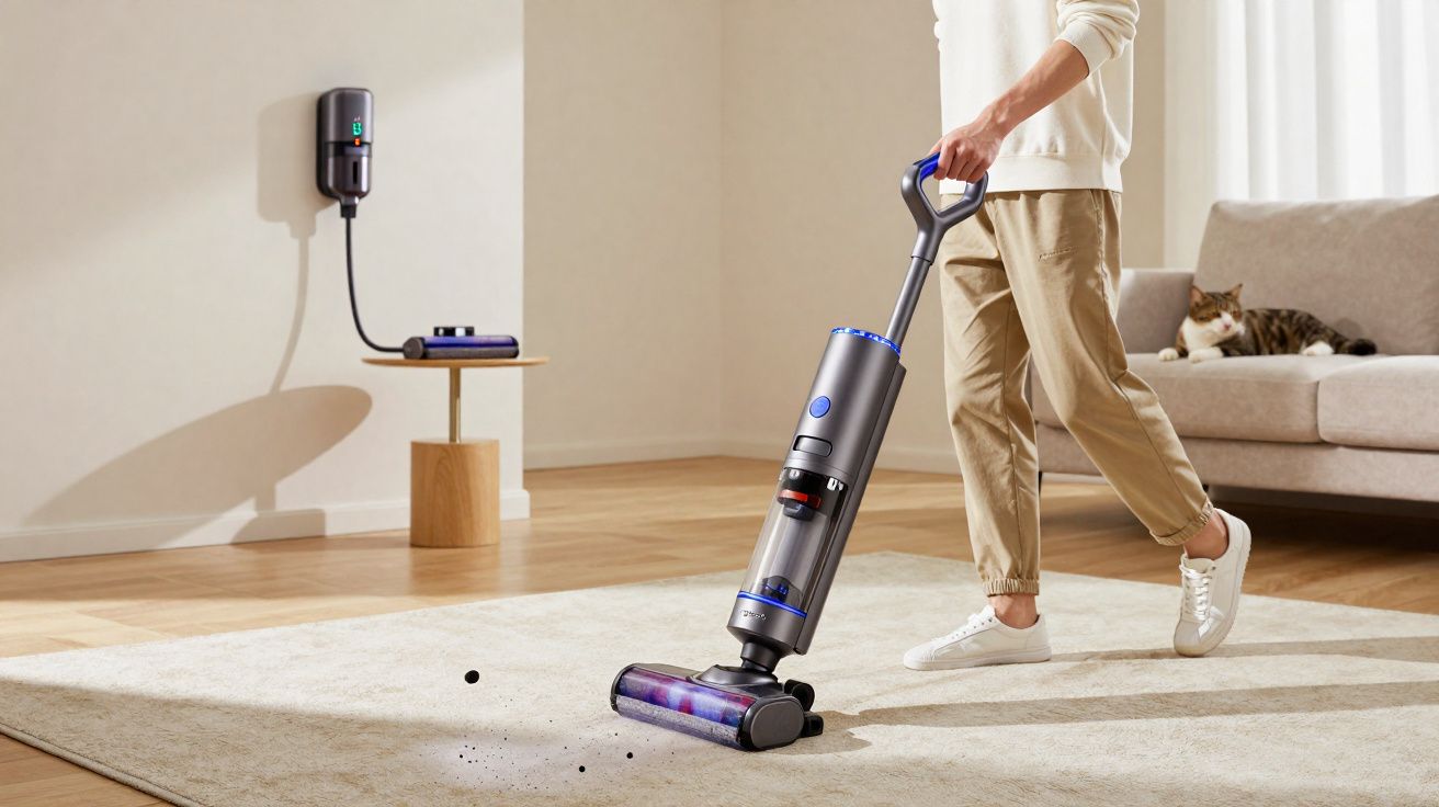 Pessoa a aspirar tapete bege num ambiente claro com aspirador sem fios e gato no sofá.