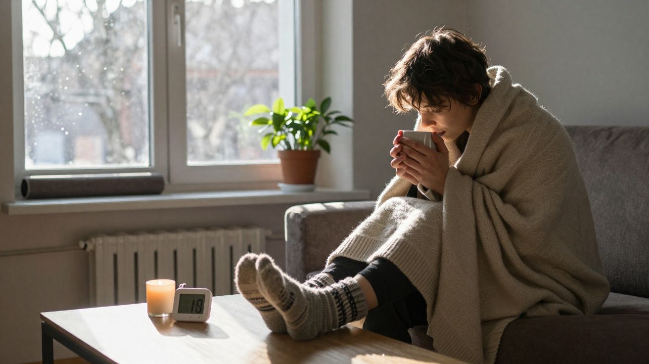 Pessoa enrolada em manta, sentada no sofá e a beber uma bebida quente numa sala iluminada.