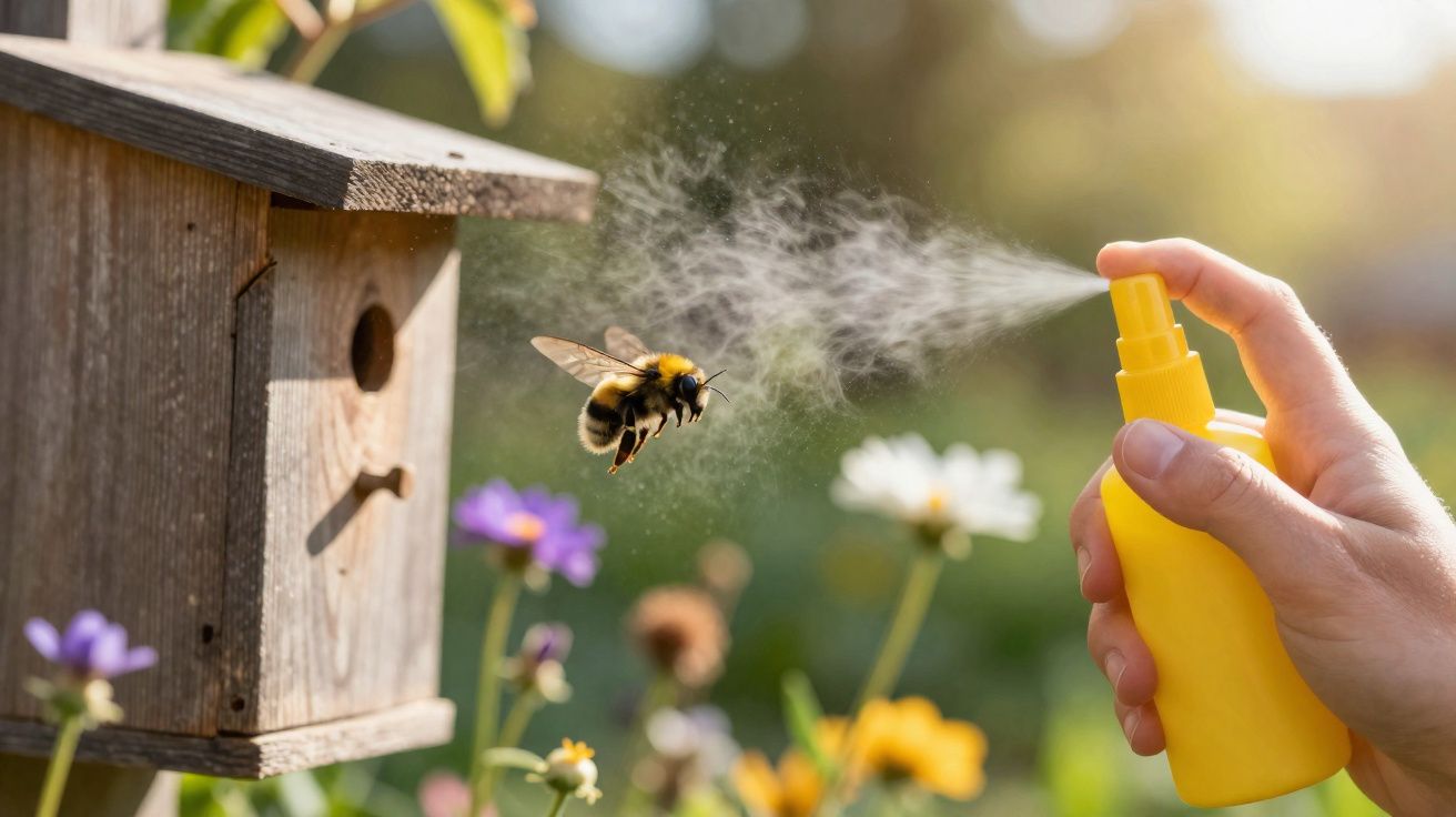 Mão borrifando spray amarelo em abelha perto de casa de madeira com flores desfocadas ao fundo.