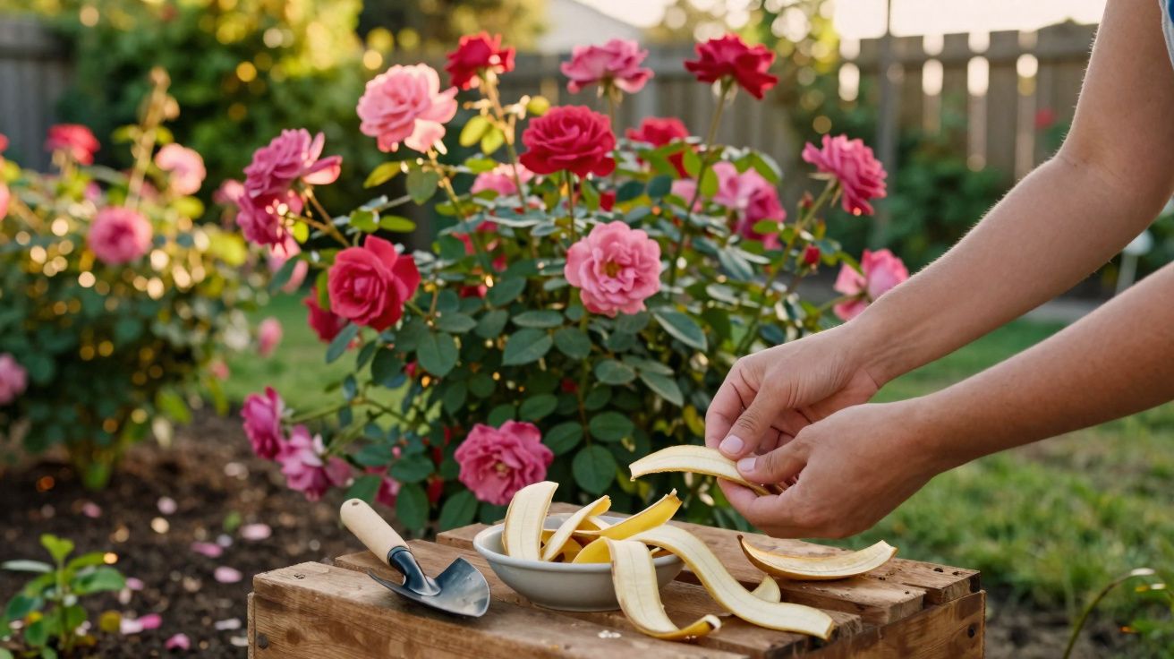 Mãos a preparar cascas de banana numa tigela, ao lado de uma pá de jardim, com rosas vermelhas e cor-de-rosa ao fundo.