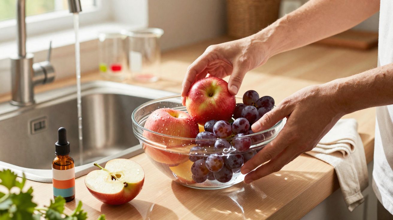 Mãos a lavar maçãs e uvas numa taça de vidro numa bancada de cozinha iluminada pelo sol.
