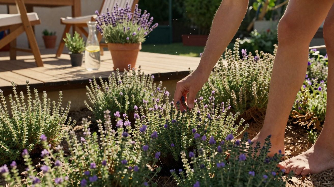 Pessoa sem calçado a apalpar plantas com flores roxas num jardim com terra e madeira ao fundo.