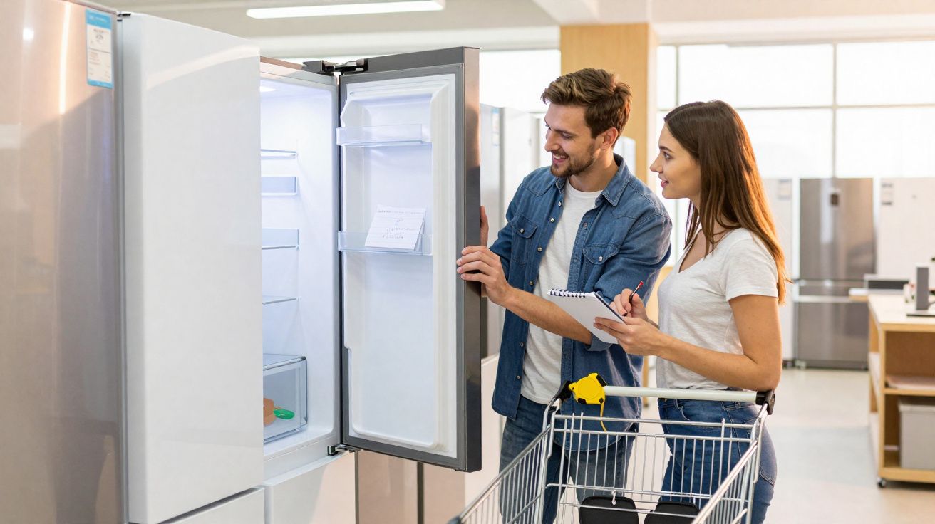 Casal jovem a escolher frigorífico num supermercado, com carrinho de compras ao lado.