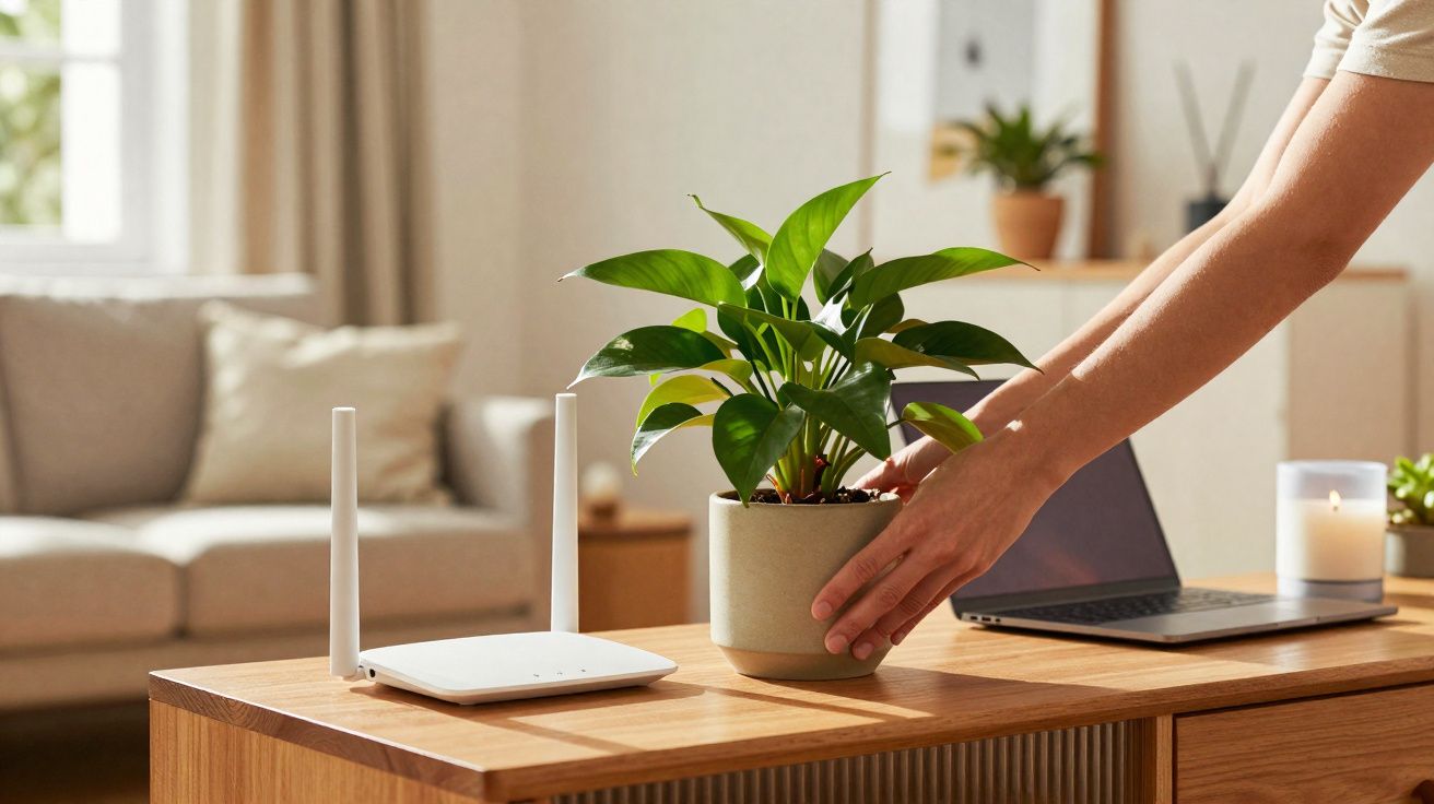 Pessoa a colocar planta verde num vaso sobre uma mesa de madeira com router e portátil ao fundo.