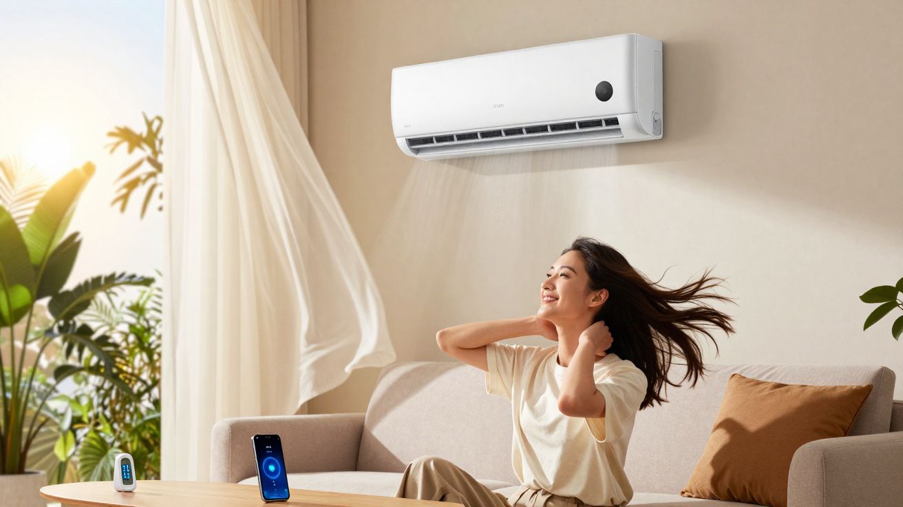 Mulher sentada no sofá a desfrutar do ar fresco de um ar condicionado numa sala iluminada.