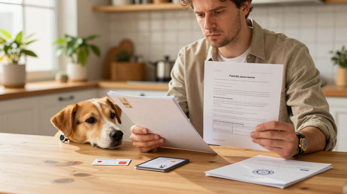 Homem sentado à mesa a ler documentos enquanto cão observa com curiosidade numa cozinha iluminada.