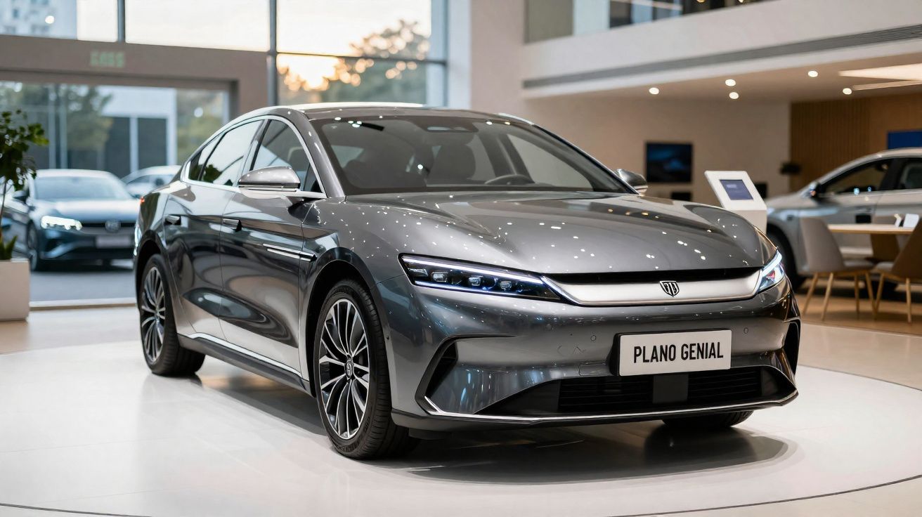 Carro elétrico cinzento moderno em exposição numa sala com grandes janelas e iluminação interior.