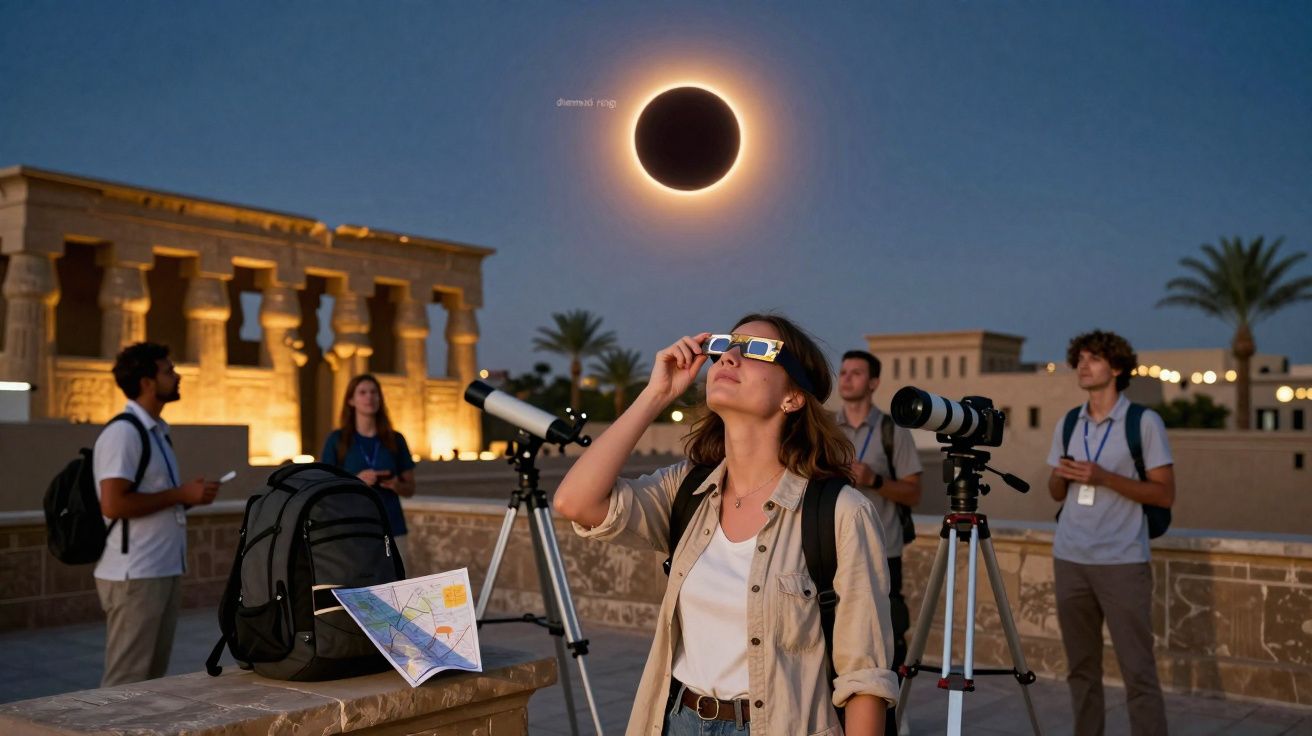 Grupo de pessoas a observar eclipse solar com óculos especiais e telescópios numa área histórica ao entardecer.