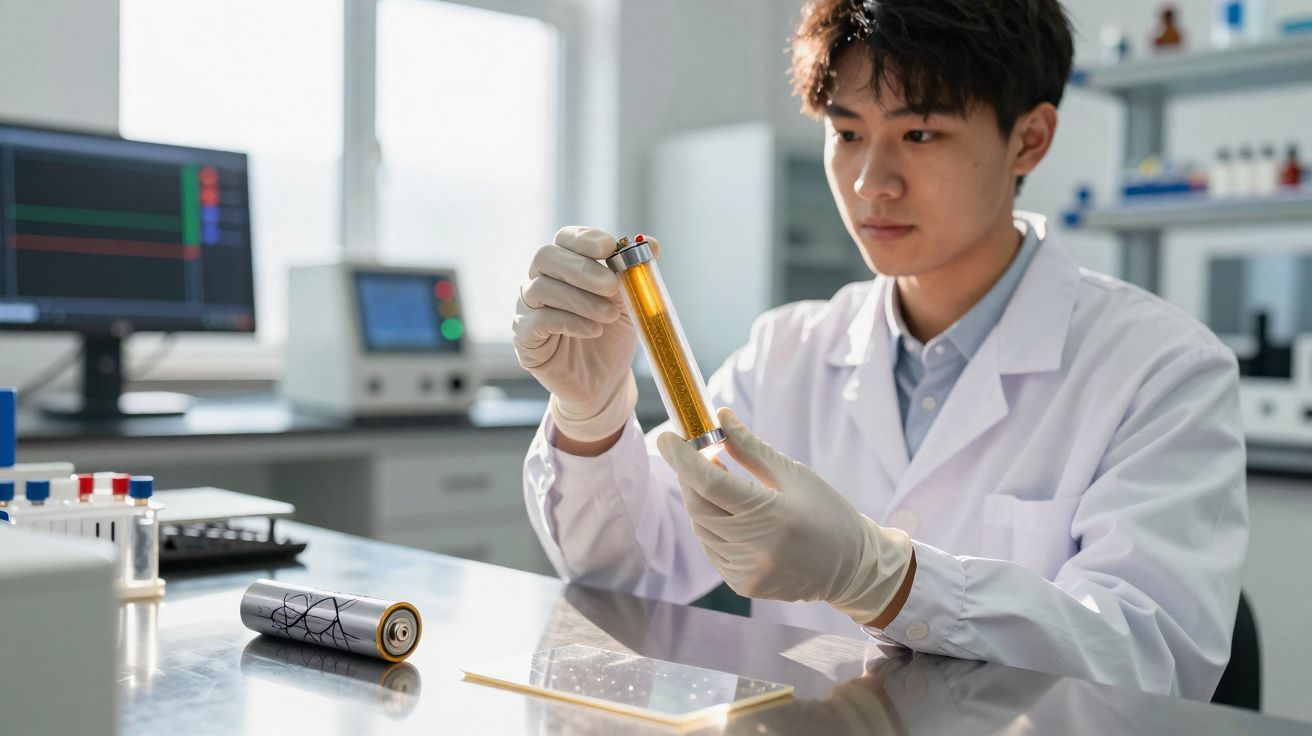 Cientista em bata branca analisa amostra líquida amarela num tubo de ensaio no laboratório.