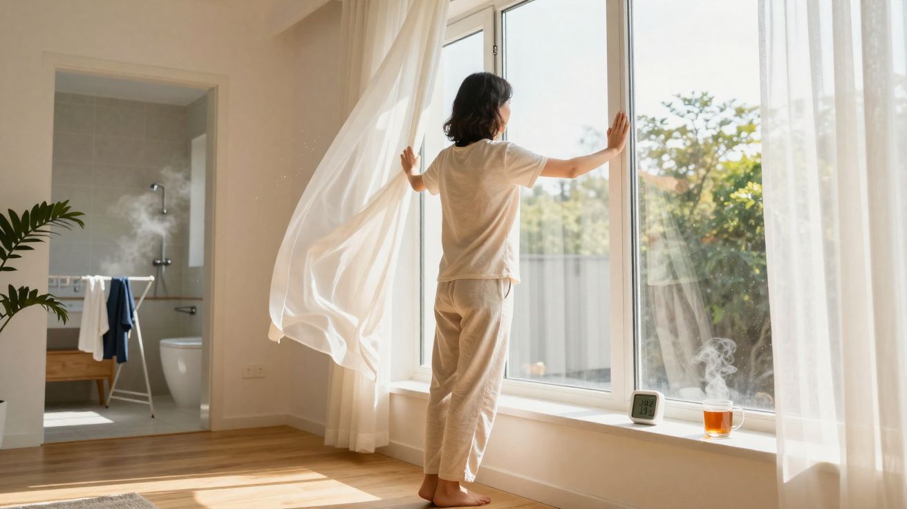 Pessoa a abrir cortinas num quarto iluminado com chá e relógio na janela.