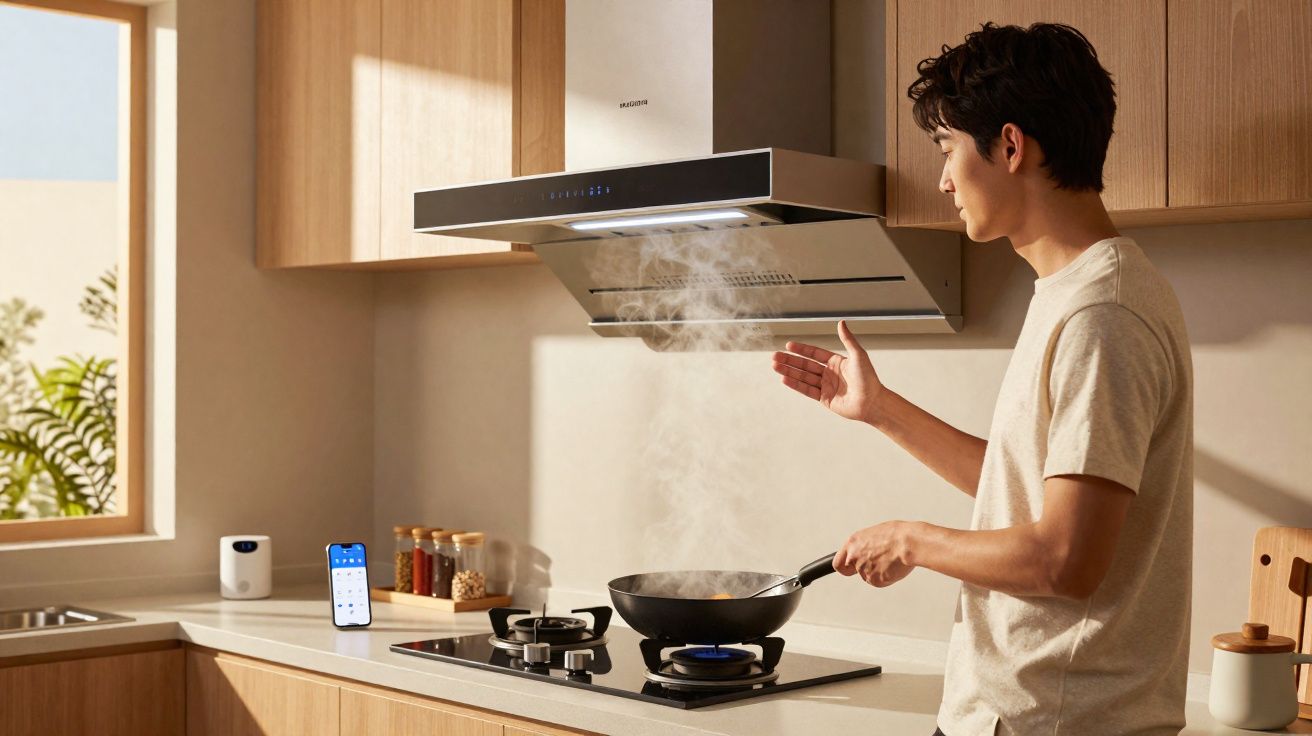 Homem a cozinhar numa cozinha moderna iluminada com exaustor a eliminar vapor do fogão a gás.