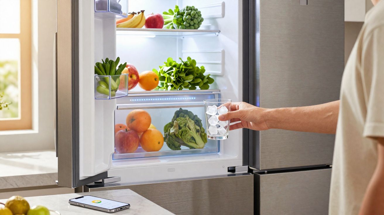 Pessoa a abrir frigorífico com frutas, legumes e copo de bebida com gelo na mão.