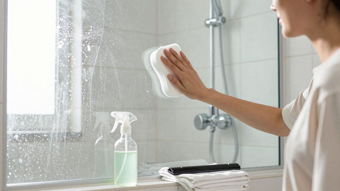 Pessoa a limpar um espelho de casa de banho com uma esponja branca e produtos de limpeza ao lado.