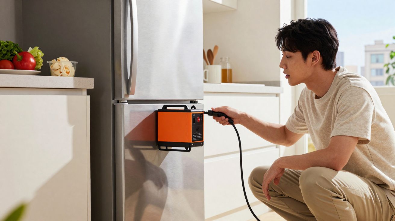 Homem liga aparelho laranja na porta USB de frigorífico metálico numa cozinha moderna.