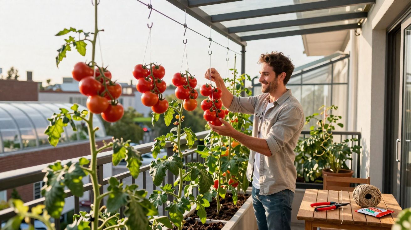 Homem a colher tomates maduros em plantas suspensas numa varanda urbana ensolarada.