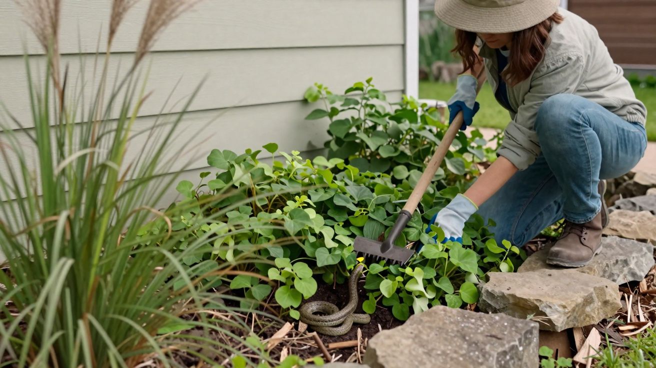 Mulher de joelhos usa uma ferramenta para afastar uma cobra entre plantas junto a uma parede.