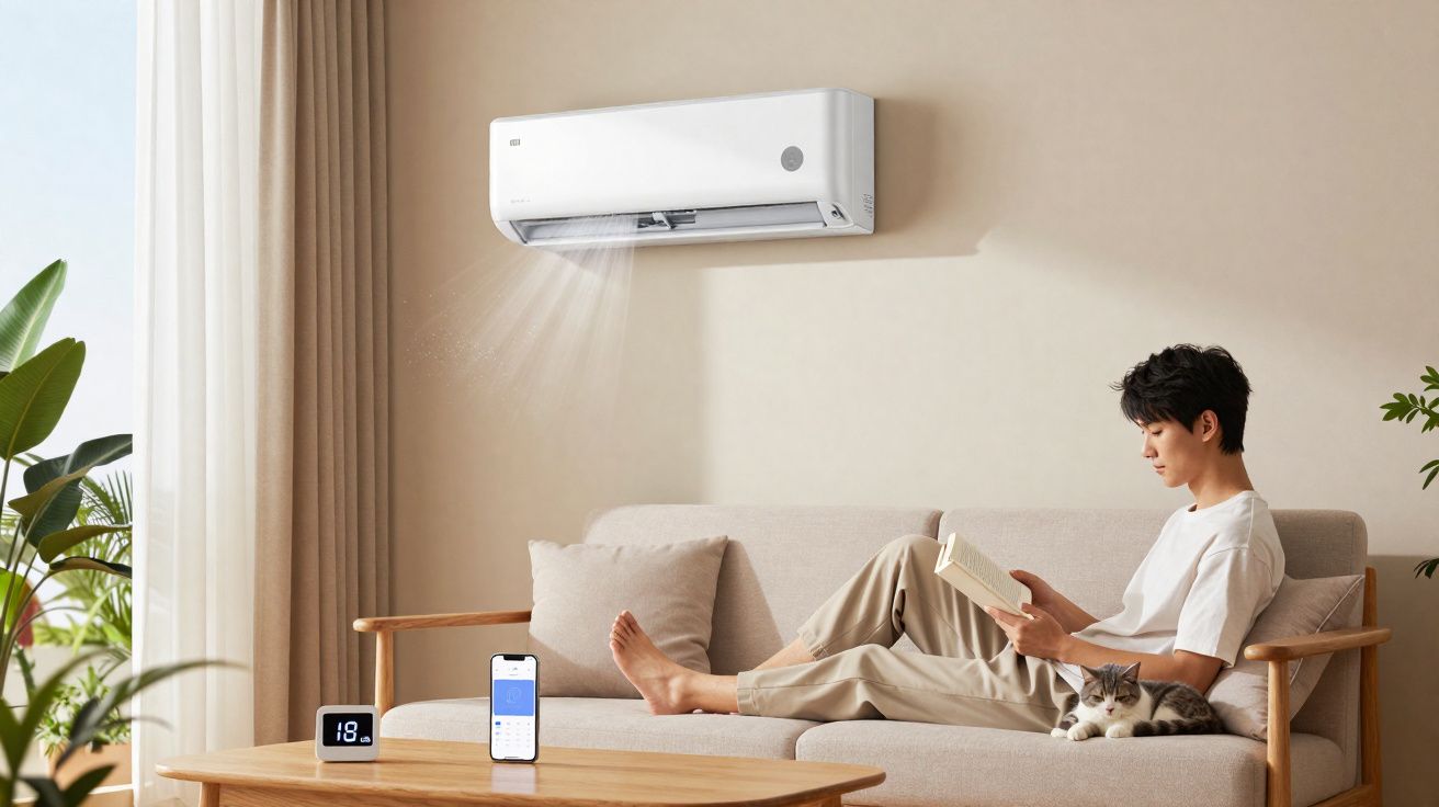 Pessoa sentada no sofá a ler um livro com ar condicionado ligado e um gato ao lado.