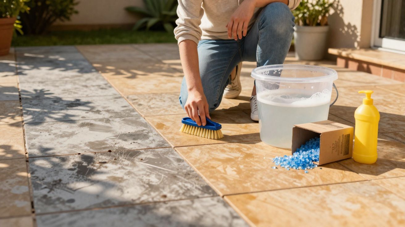 Pessoa a limpar chão exterior com escova, balde com água e detergente num dia ensolarado.