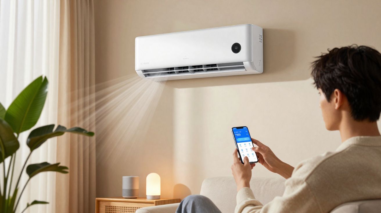 Homem sentado no sofá controla ar condicionado branco instalado na parede com smartphone.