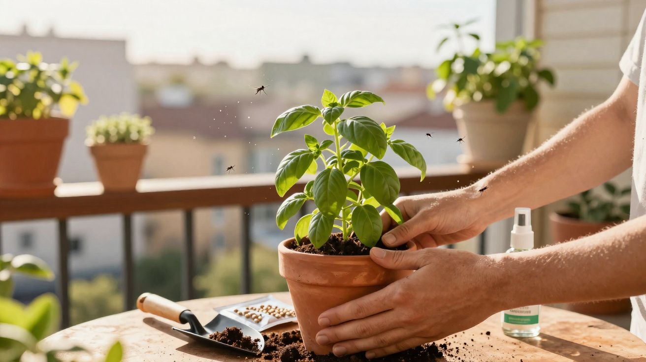 Mãos a cuidar de planta em vaso de barro numa varanda com insetos voando ao redor.
