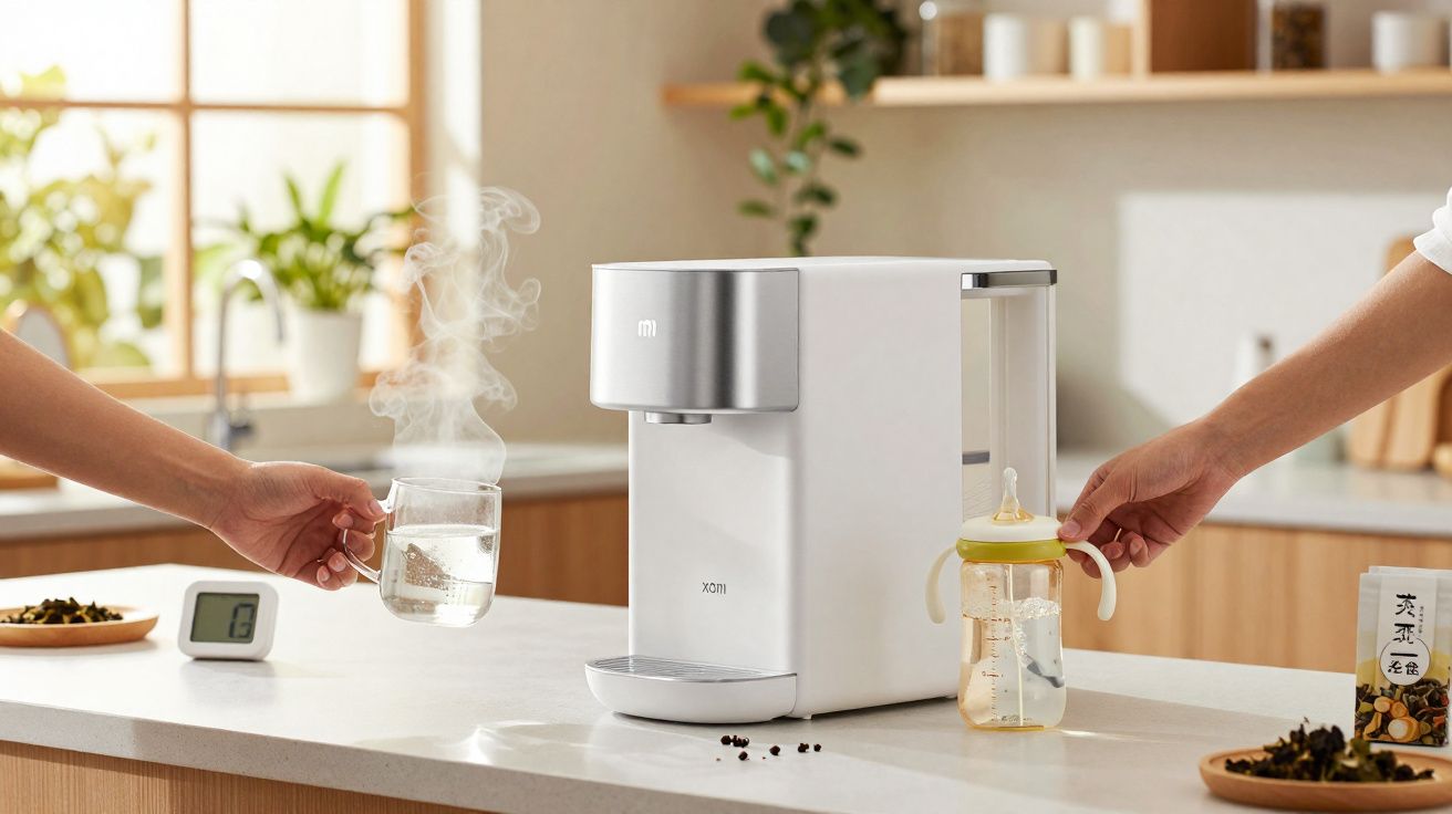 Máquina branca a preparar água quente, mãos seguram chávena e biberão, bancada de cozinha iluminada.