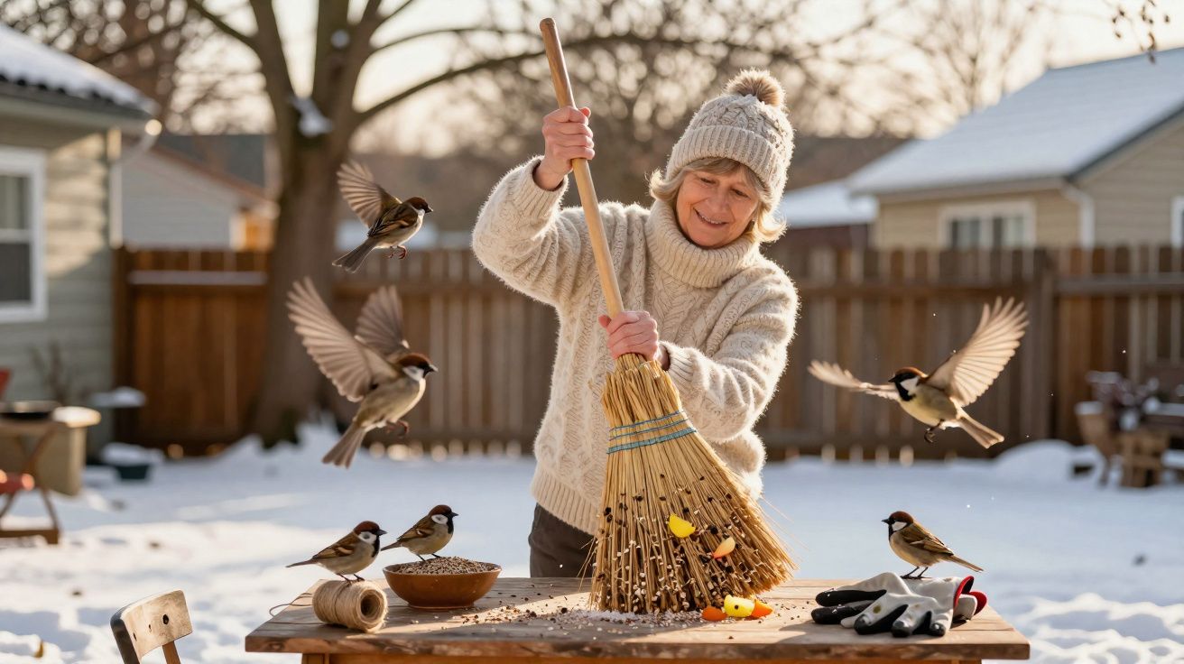 Mulher a varrer mesa ao ar livre no inverno, com pássaros a voar e a pousar à volta.