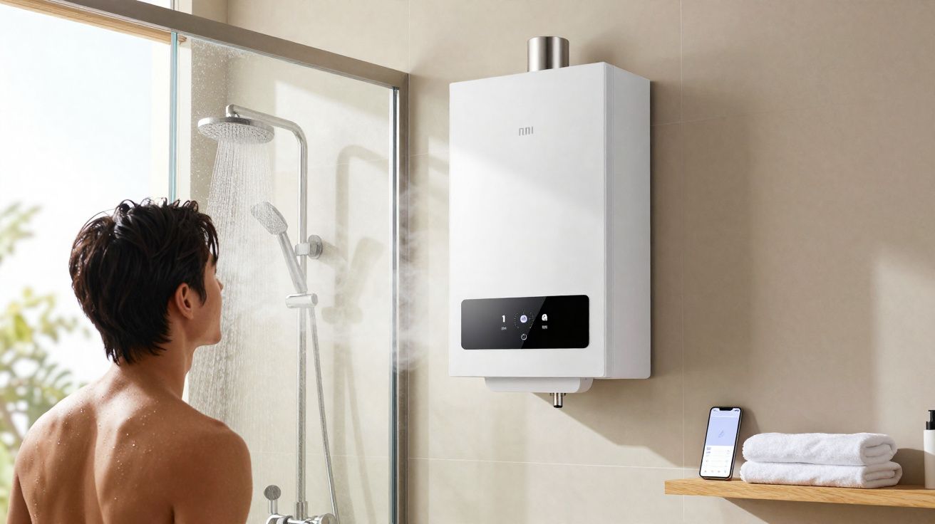 Homem de costas debaixo de chuveiro com aquecedor de água Xiaomi instalado na parede.