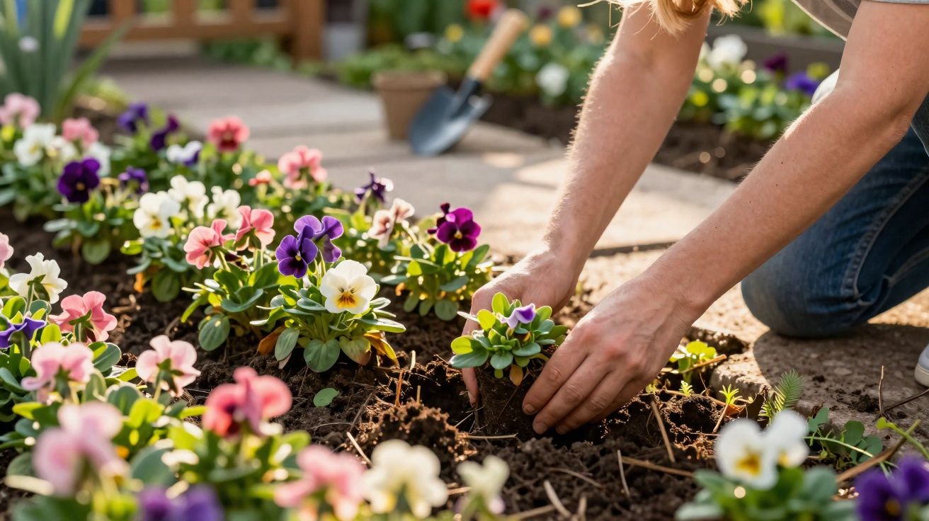 Pessoa a plantar flores coloridas num canteiro de jardim em dia ensolarado.
