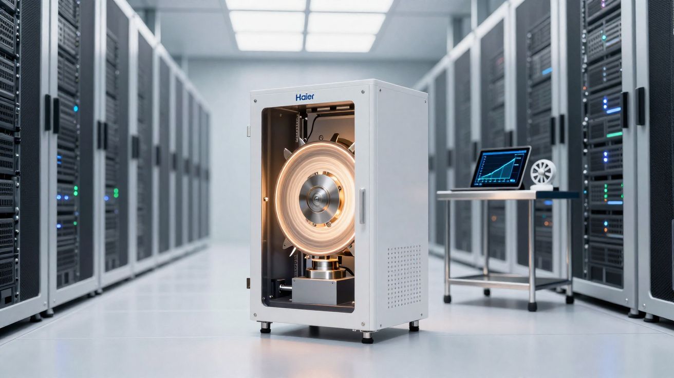 Rack de servidores com equipamento tecnológico avançado e ecrã de computador numa sala de data center.