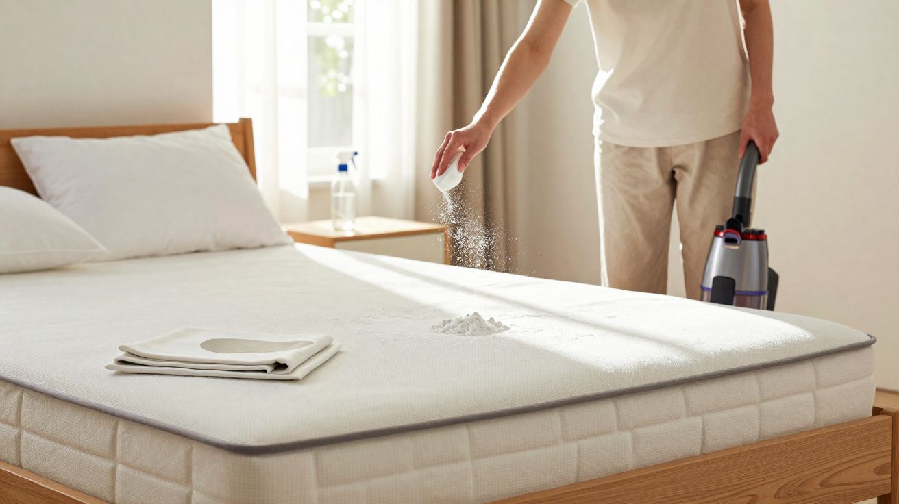 Pessoa a polvilhar bicarbonato de sódio num colchão numa cama arrumada junto a janela iluminada.