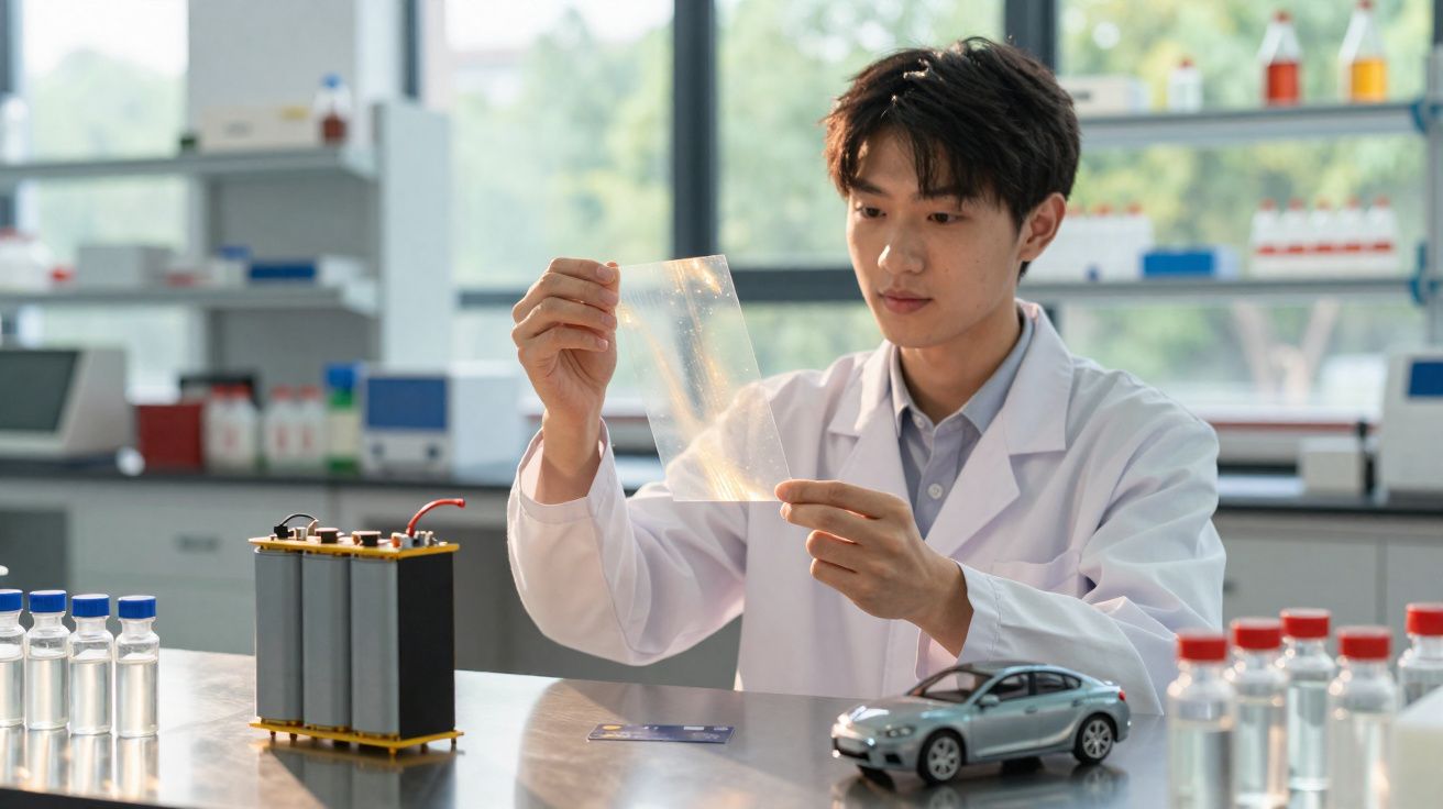 Homem num laboratório a examinar filme plástico translúcido enquanto está à mesa com modelos e frascos.