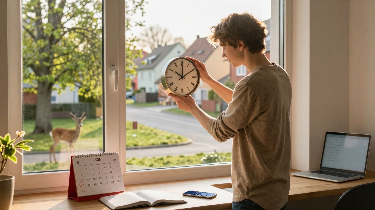 Jovem ajusta relógio dentro de casa perto de janela com vista para veado no jardim e calendário de 2026 na mesa.