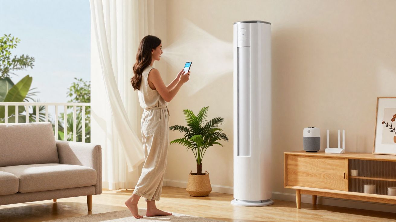 Mulher controla ar condicionado vertical inteligente com smartphone numa sala luminosa e moderna.