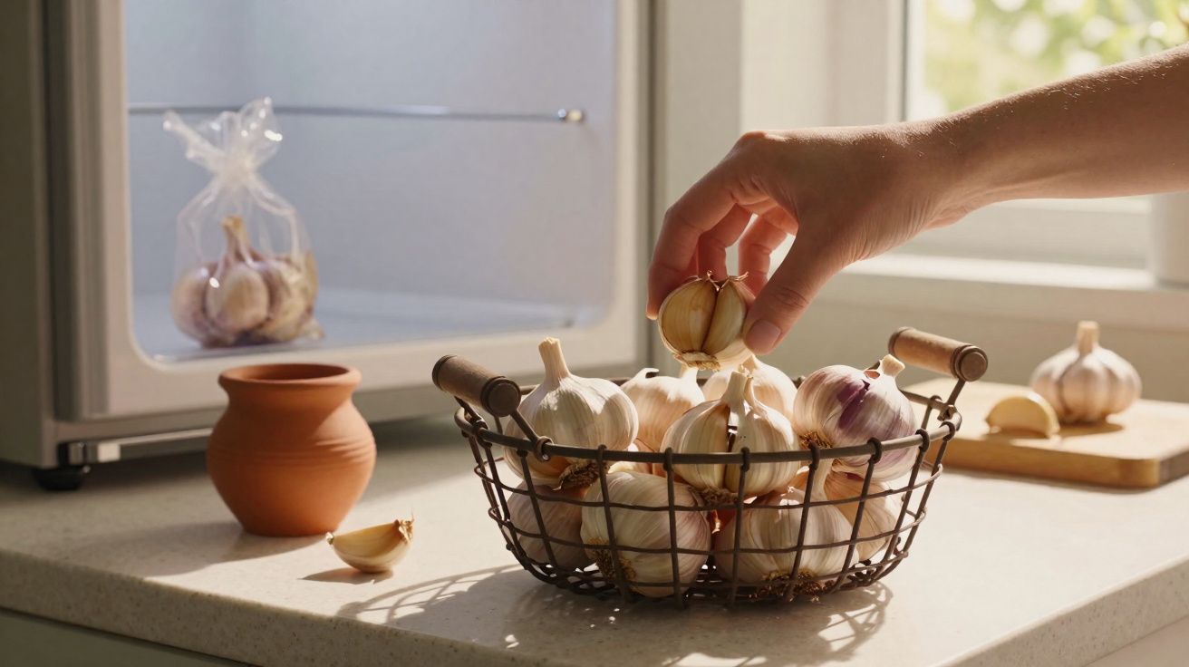 Mão a apanhar cabeça de alho de um cesto de arame numa cozinha iluminada pela luz natural.