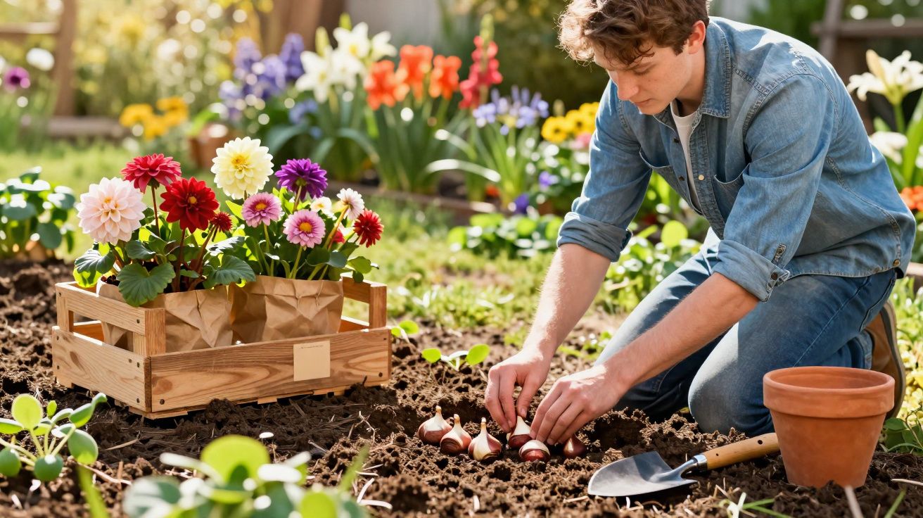 Jovem a plantar bolbos de flores no jardim com várias flores coloridas num caixote ao lado.