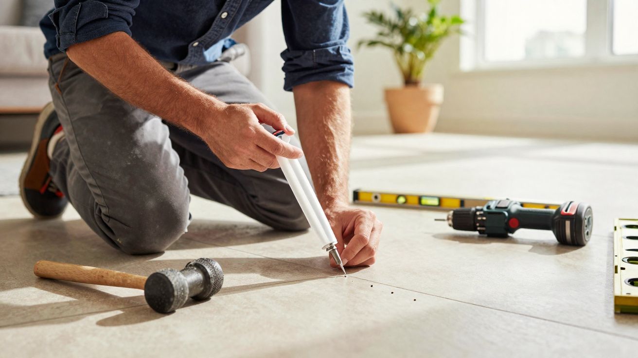 Pessoa a aplicar selante em juntas de pavimento cerâmico com ferramentas de instalação próximas.