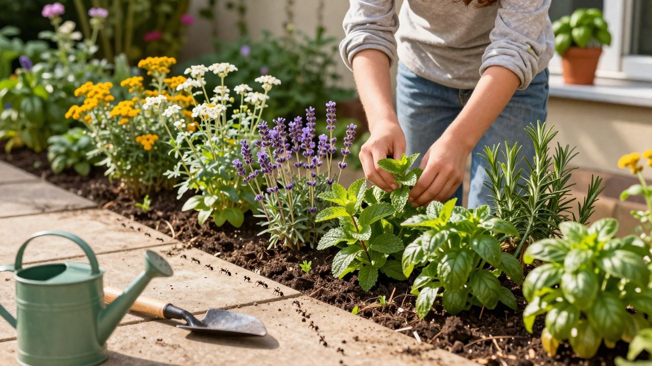 Pessoa a cuidar de ervas aromáticas num canteiro com regador e pá no chão.