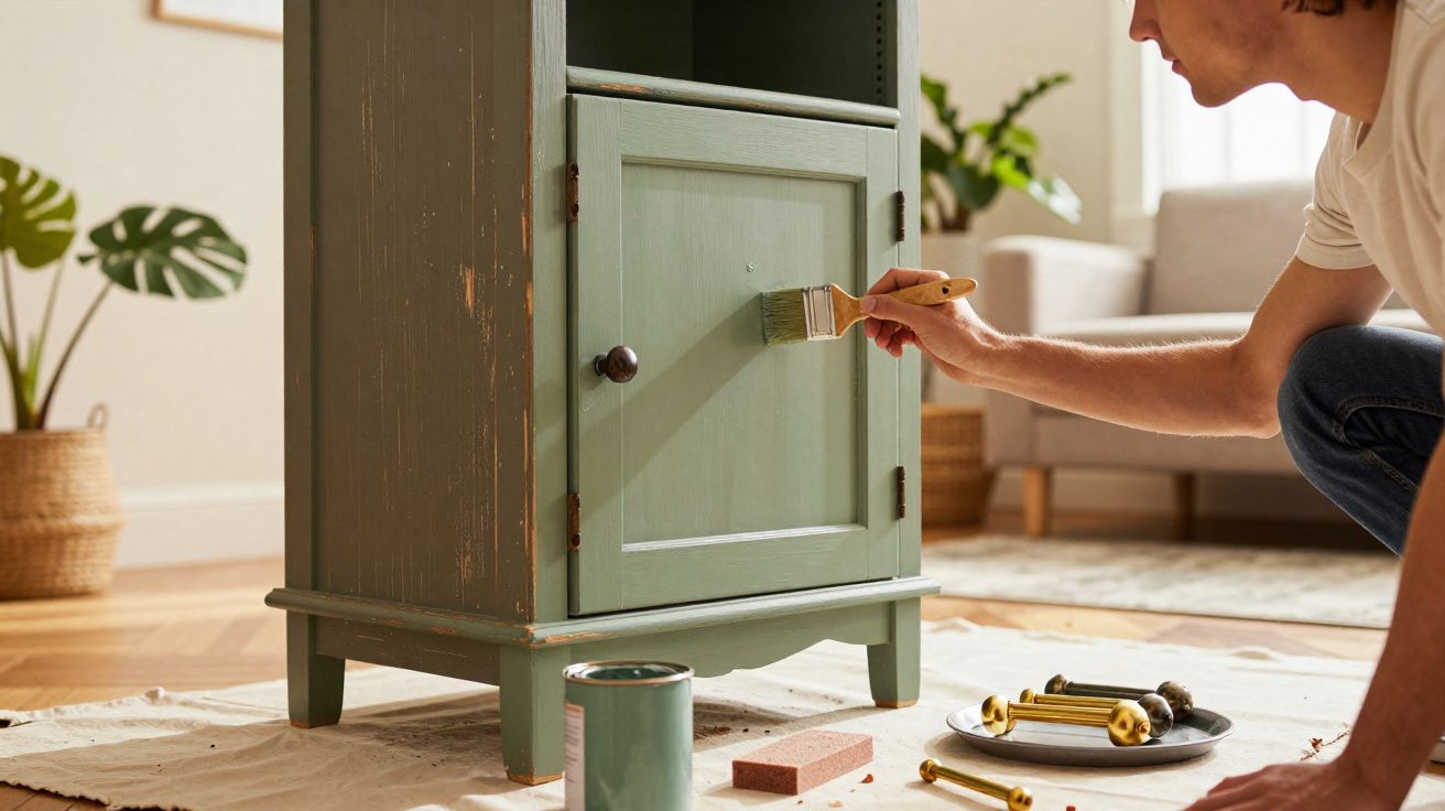 Pessoa a pintar um móvel verde com pincel numa sala iluminada e chão de madeira.